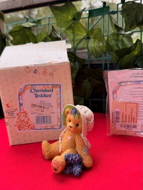 Cherished Teddies Yellow Bunny Figurine with Purple Flowers and White Bonnet